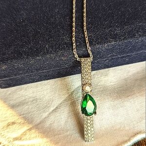 Vintage Green Crystal & Zircons Bar Pendant Necklace